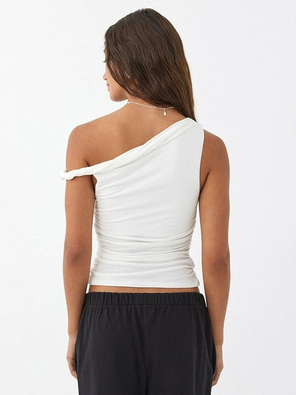 White One Side Ruched Asymmetric Slim Tank Top