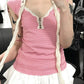 Pink Y2K Striped Lace Trim Button Up Top