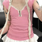 Pink Y2K Striped Lace Trim Button Up Top