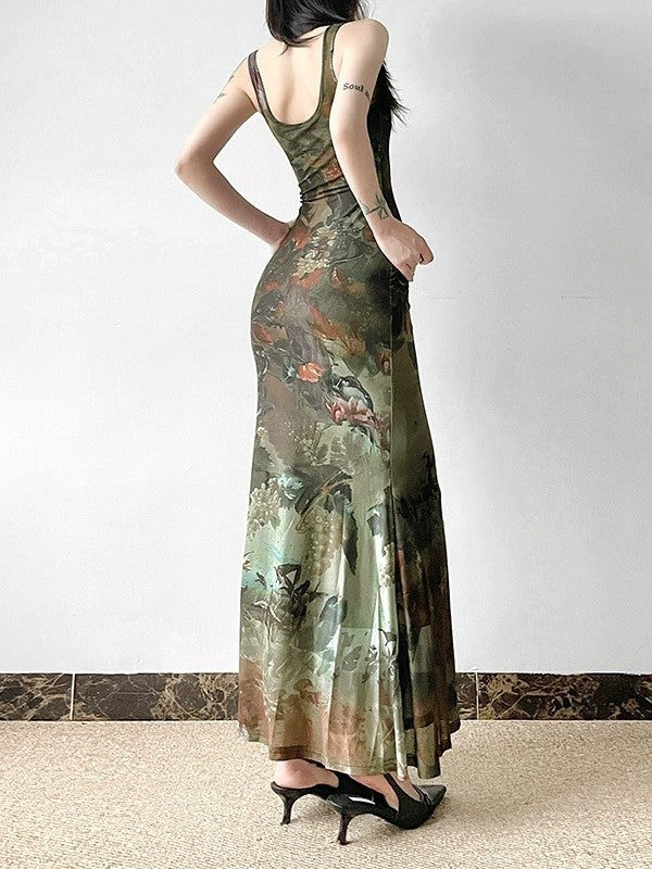 Vintage Botanical Printed Bodycon Midi Dress