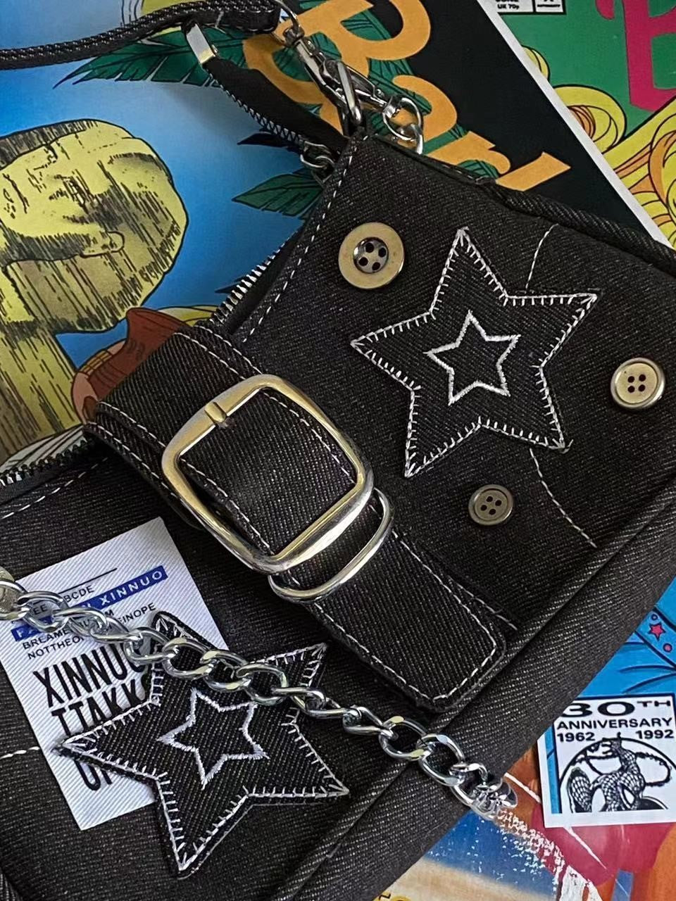 Black denim Y2K shoulder bag with star sticker