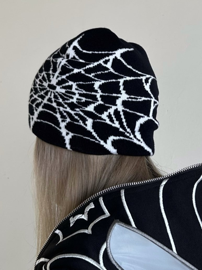 Punk black beanie hat with spider web design