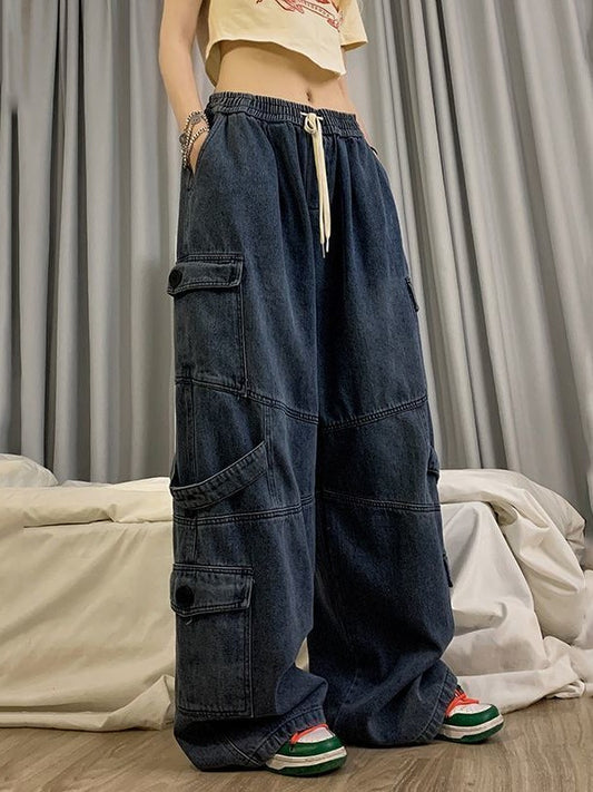 Blue punk baggy cargo pants with washed effect