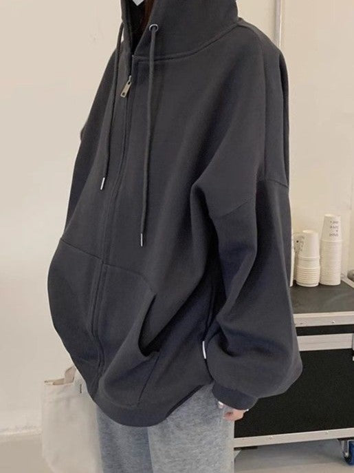 Solid Color Hip Hop Oversized Zipper Hoodie