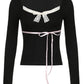 Black Lace Decorated V Neck Bow Long Sleeve Top