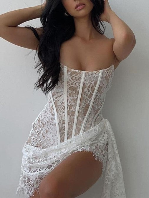 Lace Mesh Off Shoulder Irregular Hem Dress