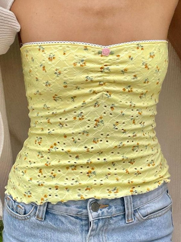 Yellow Cute Lace Cutout Ruffle Bandeau Top