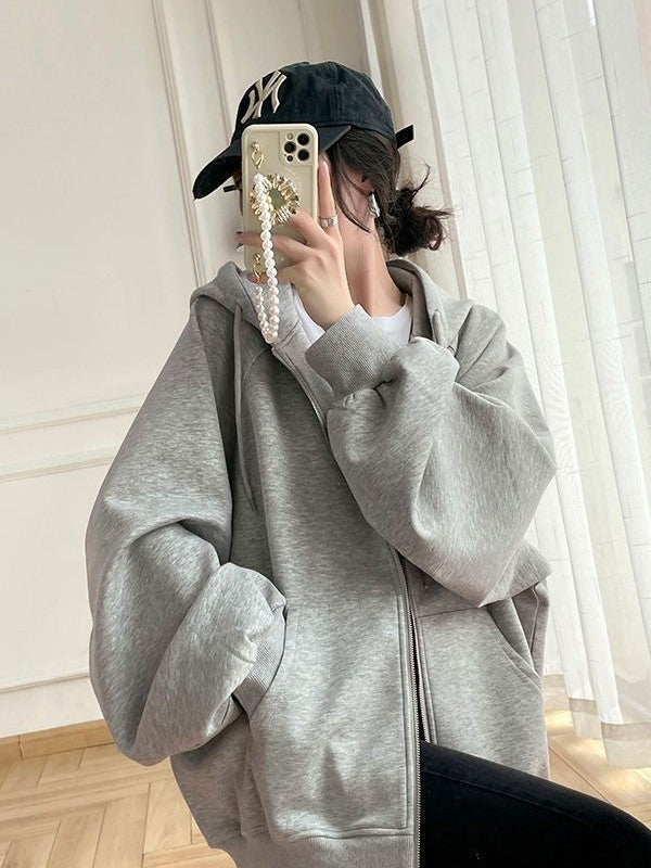 Solid Color Hip Hop Oversized Zipper Hoodie