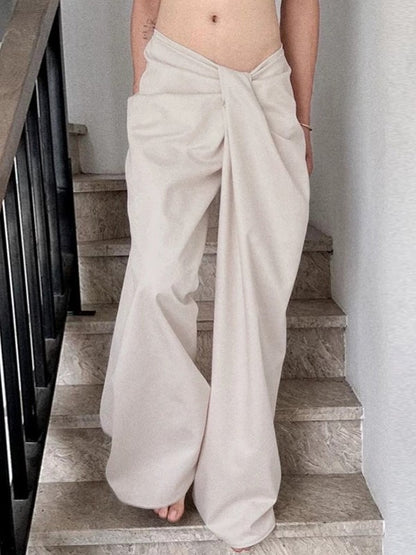 Vintage Irregular Crossed Waist Wide Leg Pants