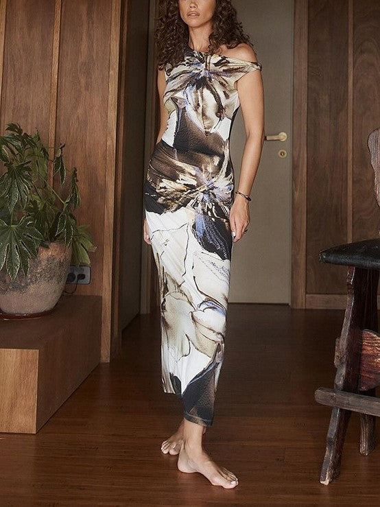 One Shoulder Printed Slim Fit Maxi Dress