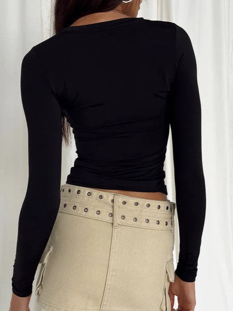 Classic Solid Color Long Sleeve Stretch Basic Crop Top