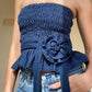 Vintage Denim Floral Embellished Pleated Bandeau Top