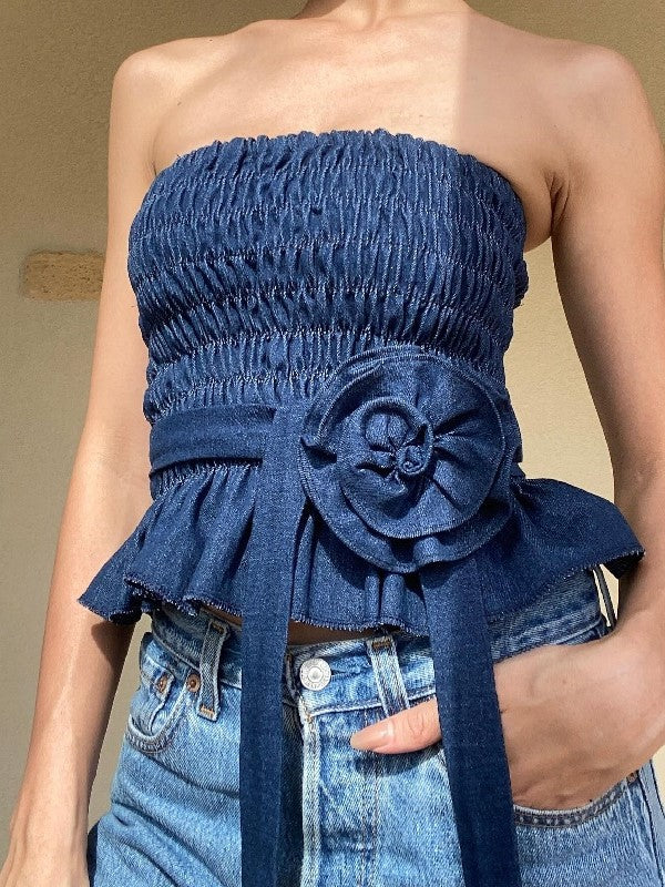 Vintage Denim Floral Embellished Pleated Bandeau Top