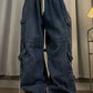 Blue punk baggy cargo pants with washed effect