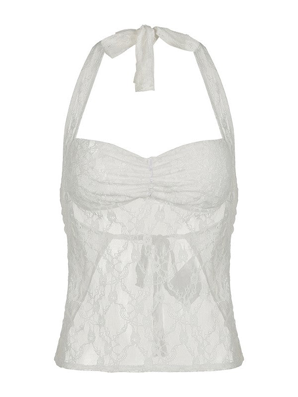 White lace sheer halter neck tank top with lacing