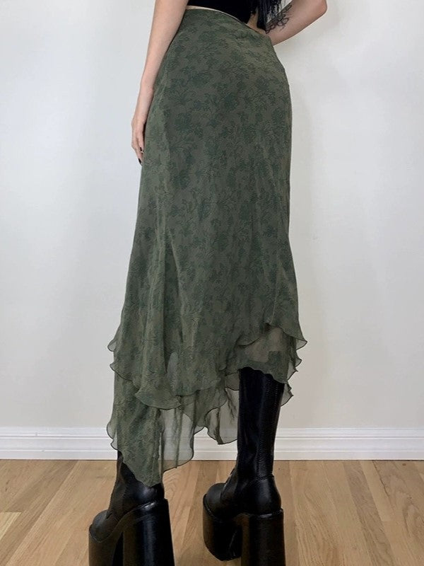 Green vintage asymmetrical midi skirt with floral pattern and ruffles