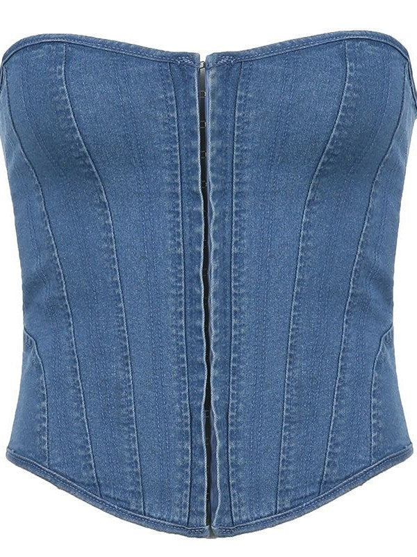 Blue vintage hook closure denim corset top