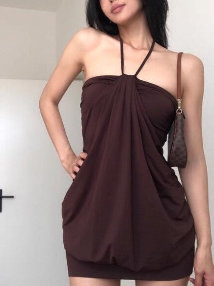 Brown Vintage Halter Off Shoulder Design Mini Dress