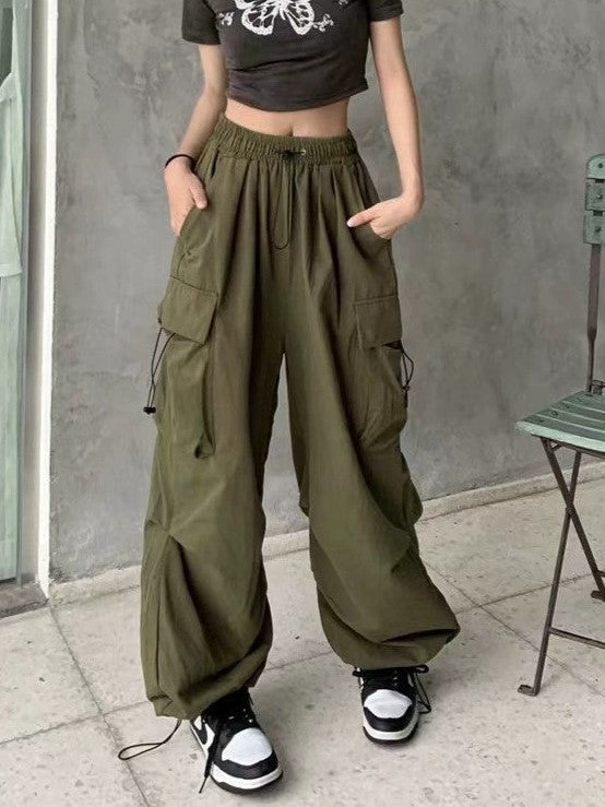 Vintage Y2K Baggy Parachute Cargo Pants with Drawstring