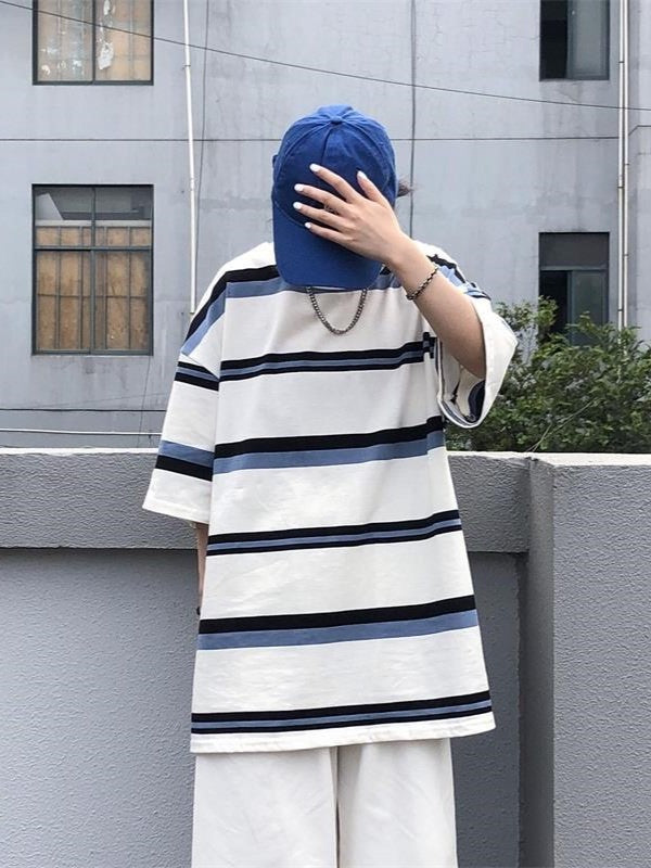 Unisex Contrast Color Hip Hop Oversized Stripe Short Sleeve Top