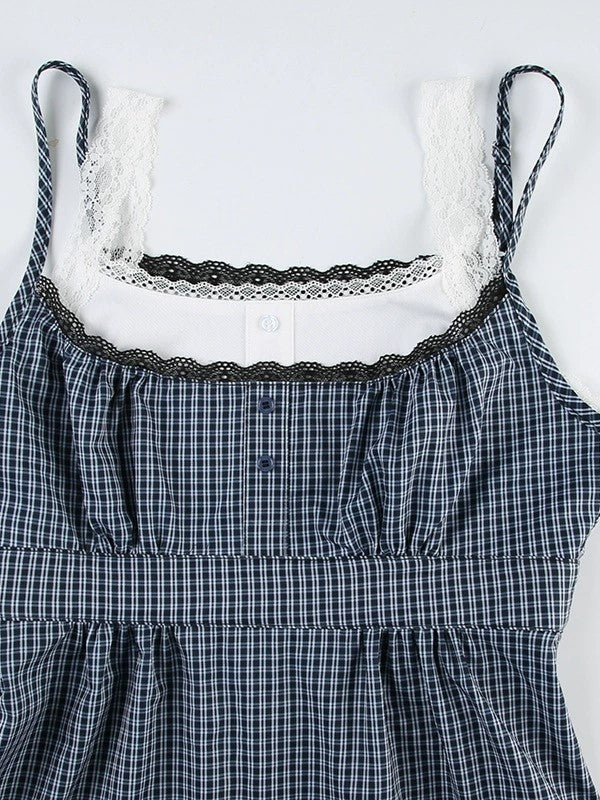 Vintage Check Lace Trim Two Piece Look Top