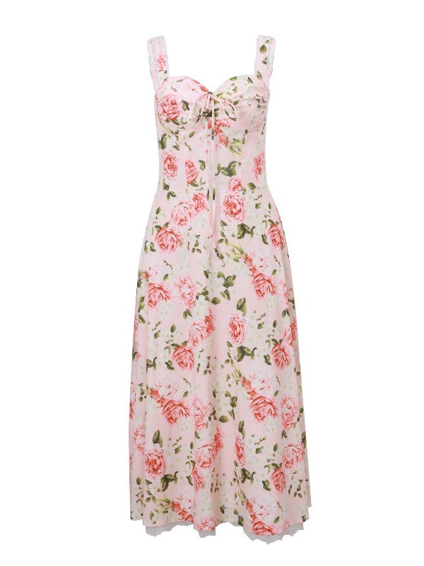 French Floral Lace Up Slim Cami Maxi Dress