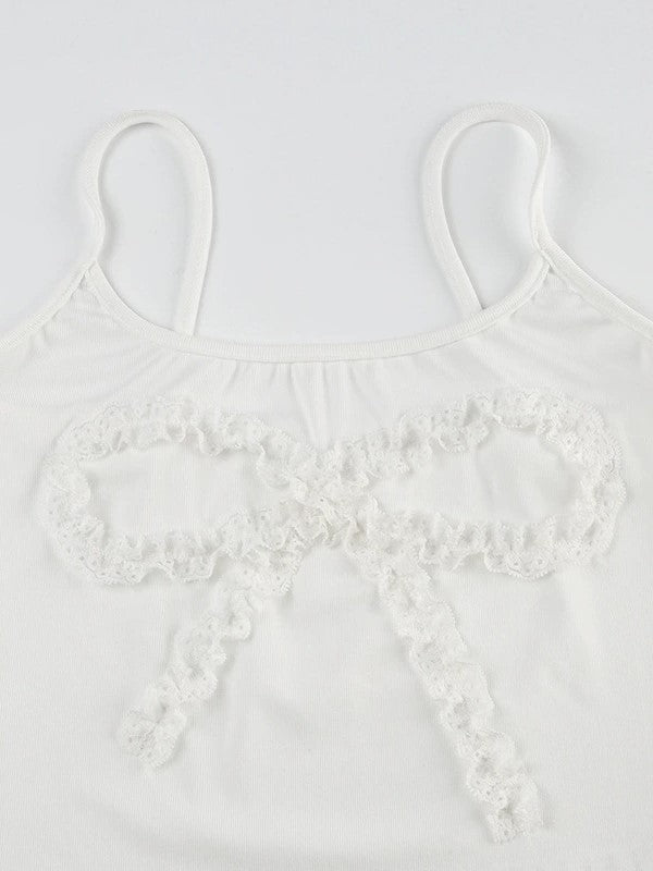 White Lace Bow Splicing Cami Top