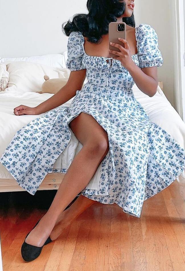 Blue vintage puff sleeve floral maxi dress