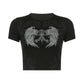 Black Grunge Rhinestone Crop Top with Wings Print