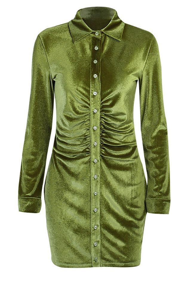 Green vintage velvet shirt dress with ruffles