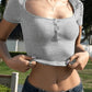 Plain crop top with short sleeves and button placket