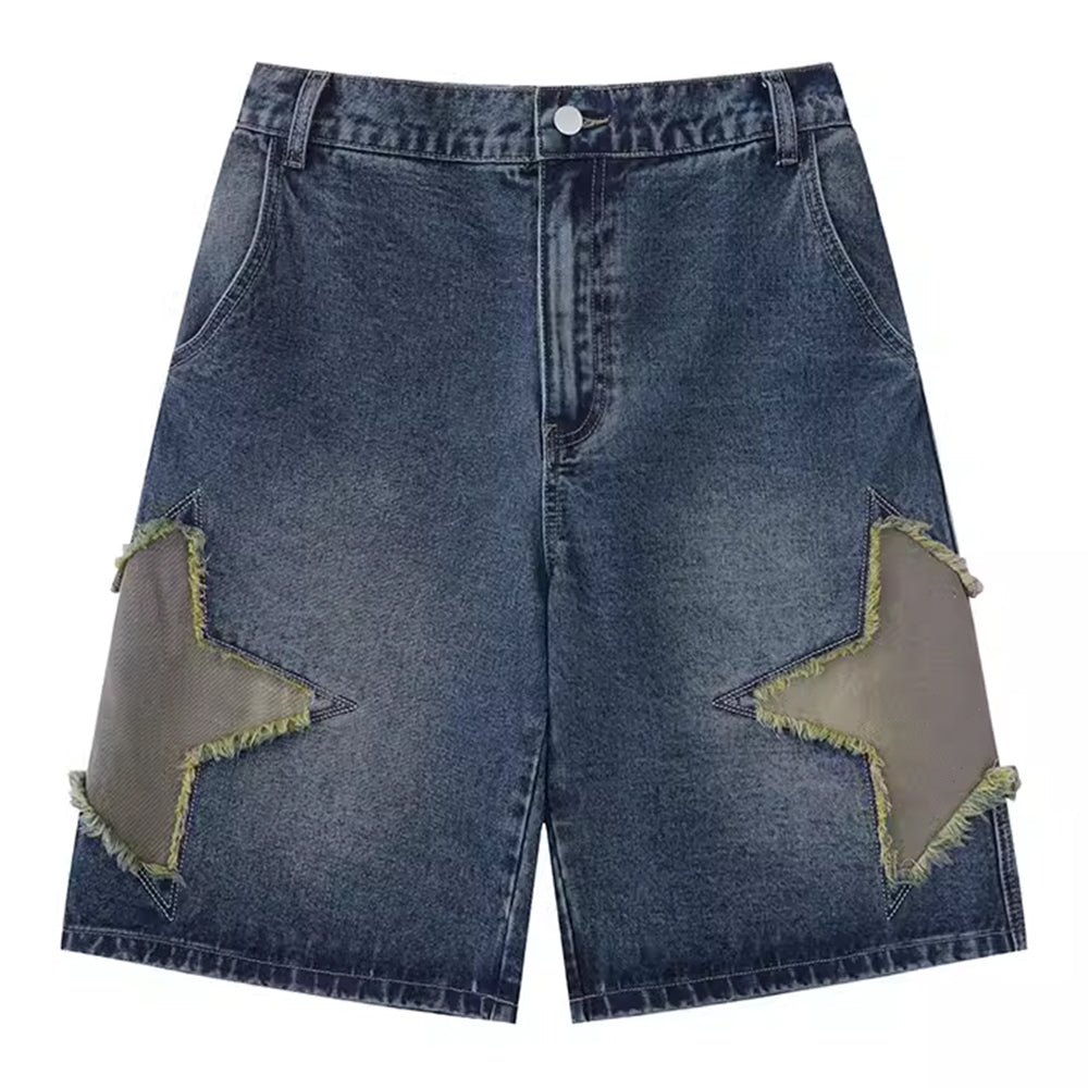 Hip Hop Star Patches Washed Denim Shorts