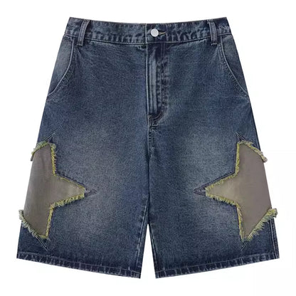 Hip Hop Star Patches Washed Denim Shorts