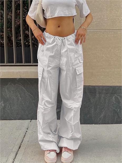 White Y2K Baggy Parachute Drawstring Cargo Pants