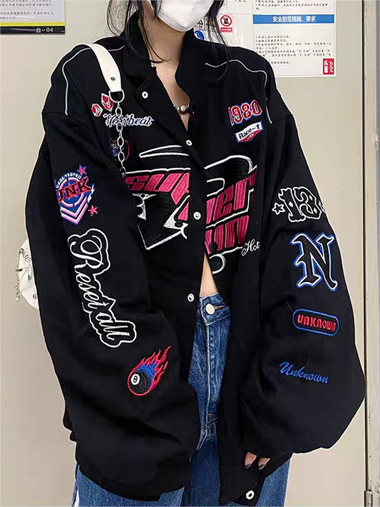 Black vintage motorcycle bomber jacket with embroidery