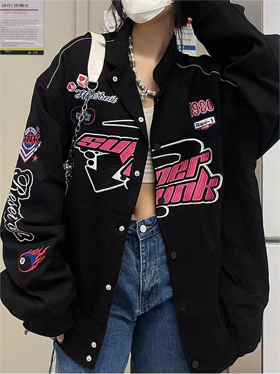 Black vintage motorcycle bomber jacket with embroidery