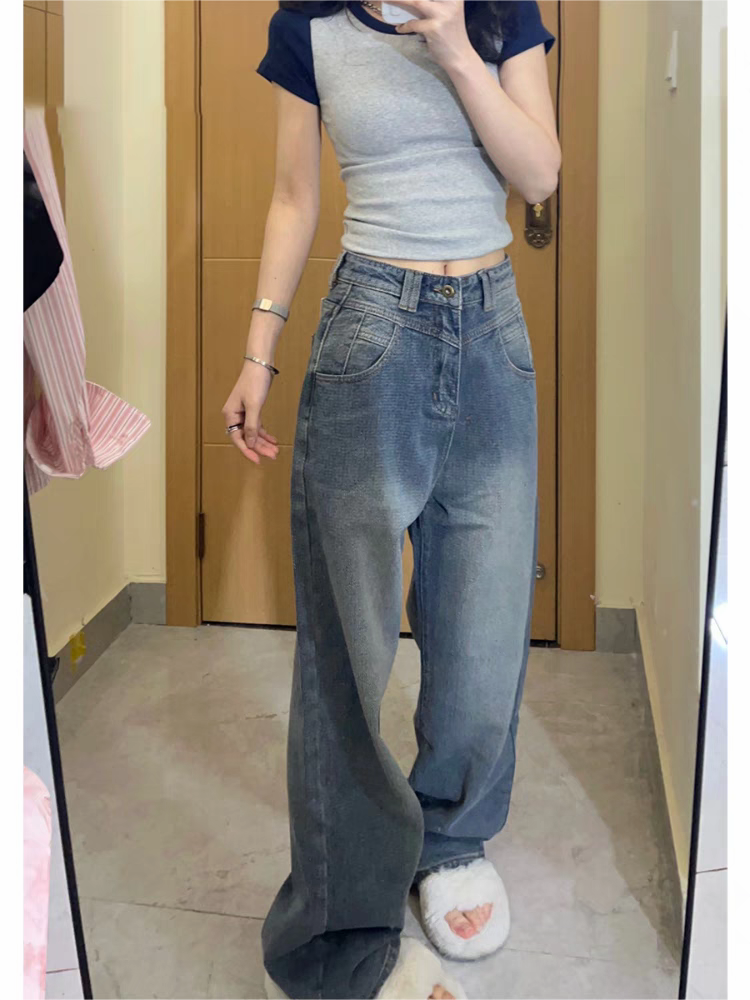 Vintage Blue Washed Boyfriend Jeans with Grosgrain Detail