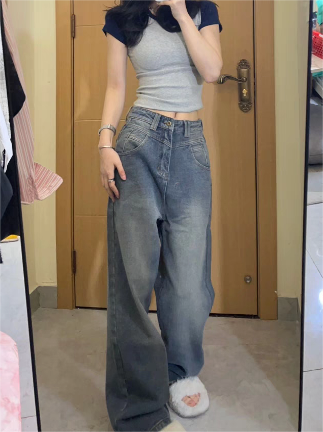 Vintage Blue Washed Boyfriend Jeans with Grosgrain Detail