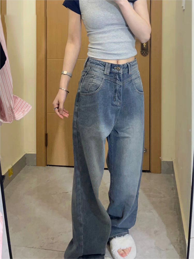 Vintage Blue Washed Boyfriend Jeans with Grosgrain Detail