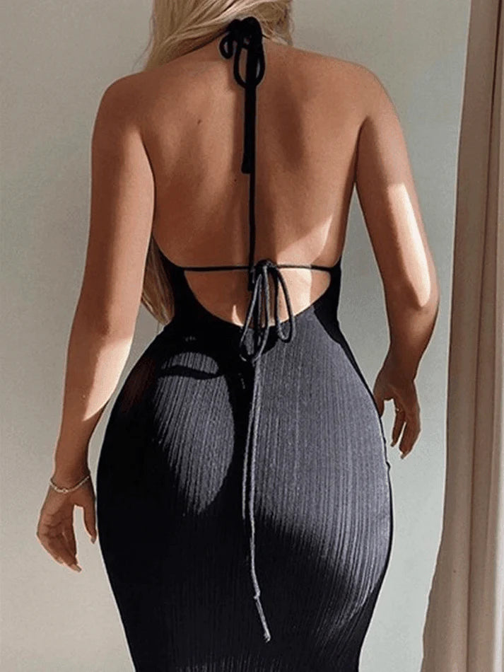 Black Strappy Ribbed Backless Maxi Dress