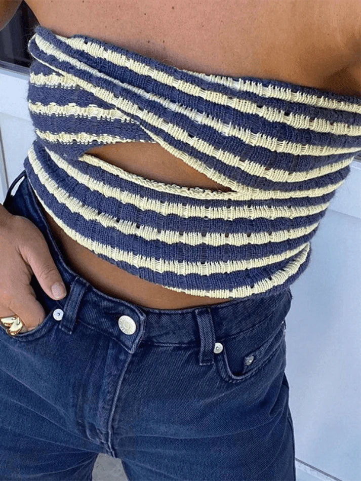 Vintage Twist Cutout Striped Knit Crop Bandeau Top