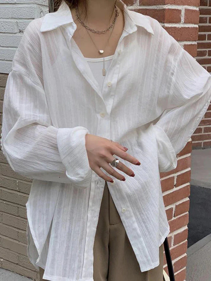 White Classic Versatile Textured Long Sleeve Blouse