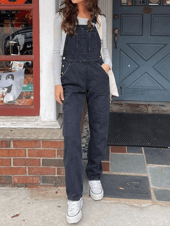 Black Vintage Washed Denim Overall with Straight Leg