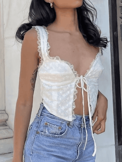 White Lace Crop Tank Top with Tie Front