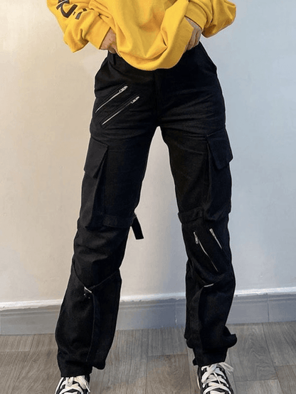 Black hip hop zip up cargo pants with strap details