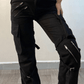 Black hip hop zip up cargo pants with strap details