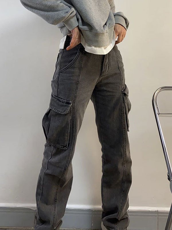 Mid-rise faded gray cargo jeans