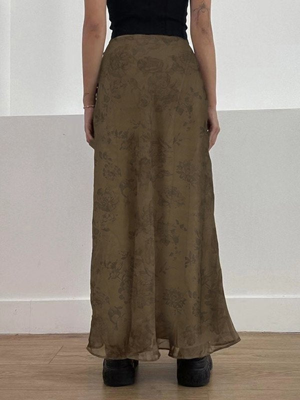 Brown vintage floral mesh maxi skirt