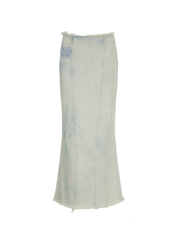 Faded long maxi denim skirt with back slit