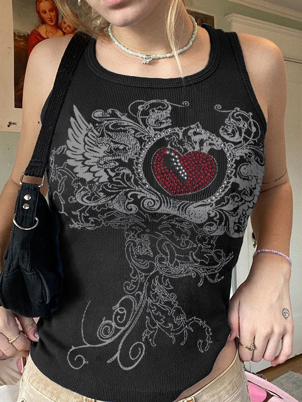 Rib crop tank top with heart rhinestone motif